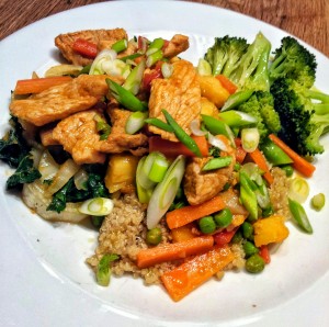 Thai red curry pork with stir fried vegetables and quinoa