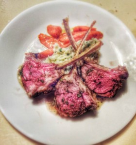lamb chops on herbed mashed potatoes with maple glazed carrots