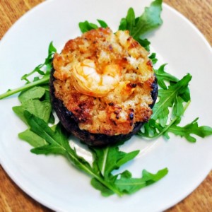 Shrimp stuffed portobello mushroom topped with breadcrumbs and parmesan cheese.