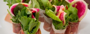Prosciutto Salad rolls - mixed greens wrapped in prosciutto with vanilla vinaigrette